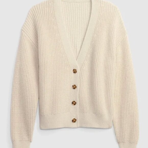 GAP Chino Beige Cotton Cropped Cardigan Sweater with V-Neck and Relaxed Fit (LP) - Picture 5 of 6